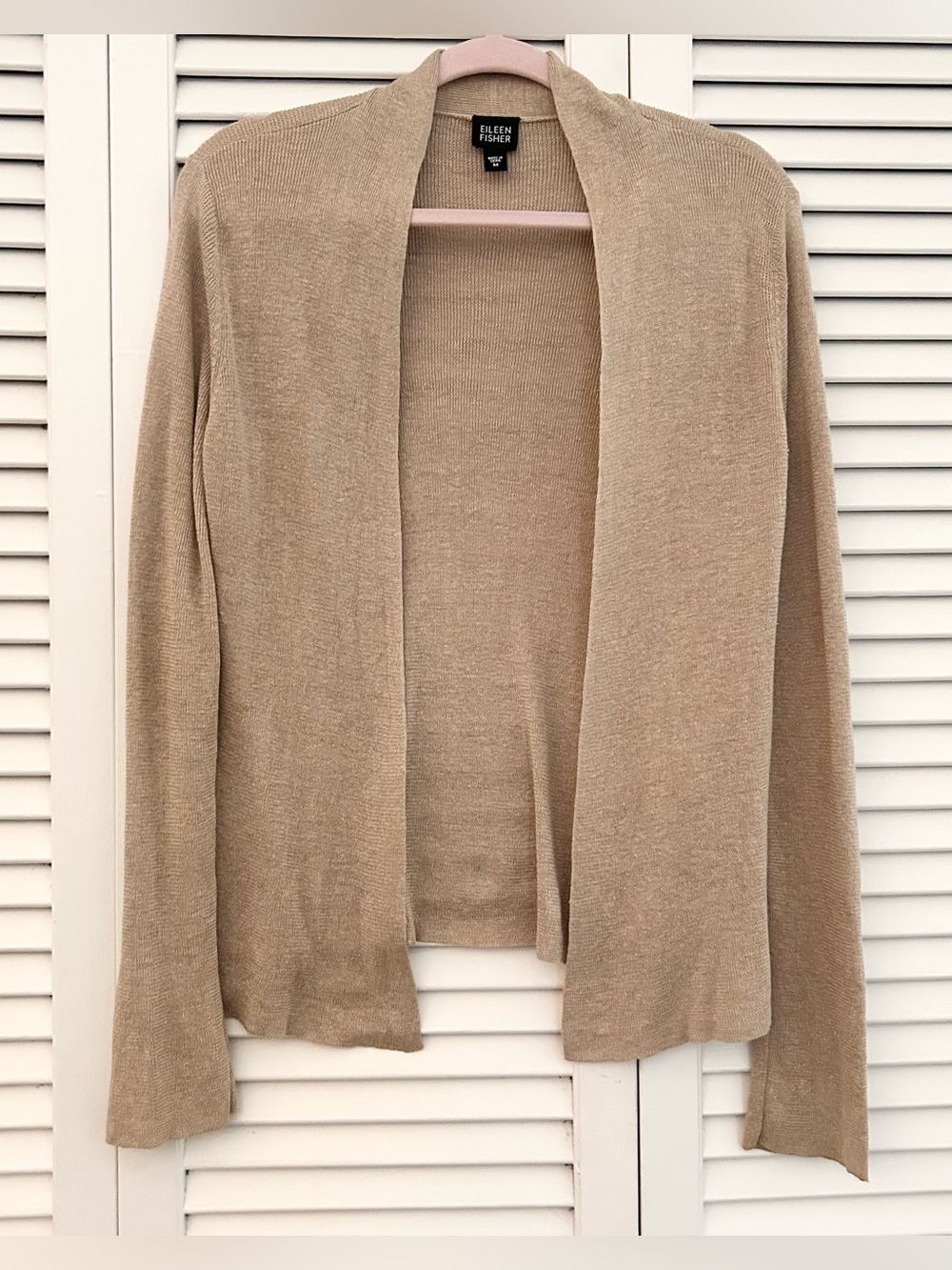 Eileen Fisher 100% Linen tan open cardigan minimalist quiet luxury EUC sz M